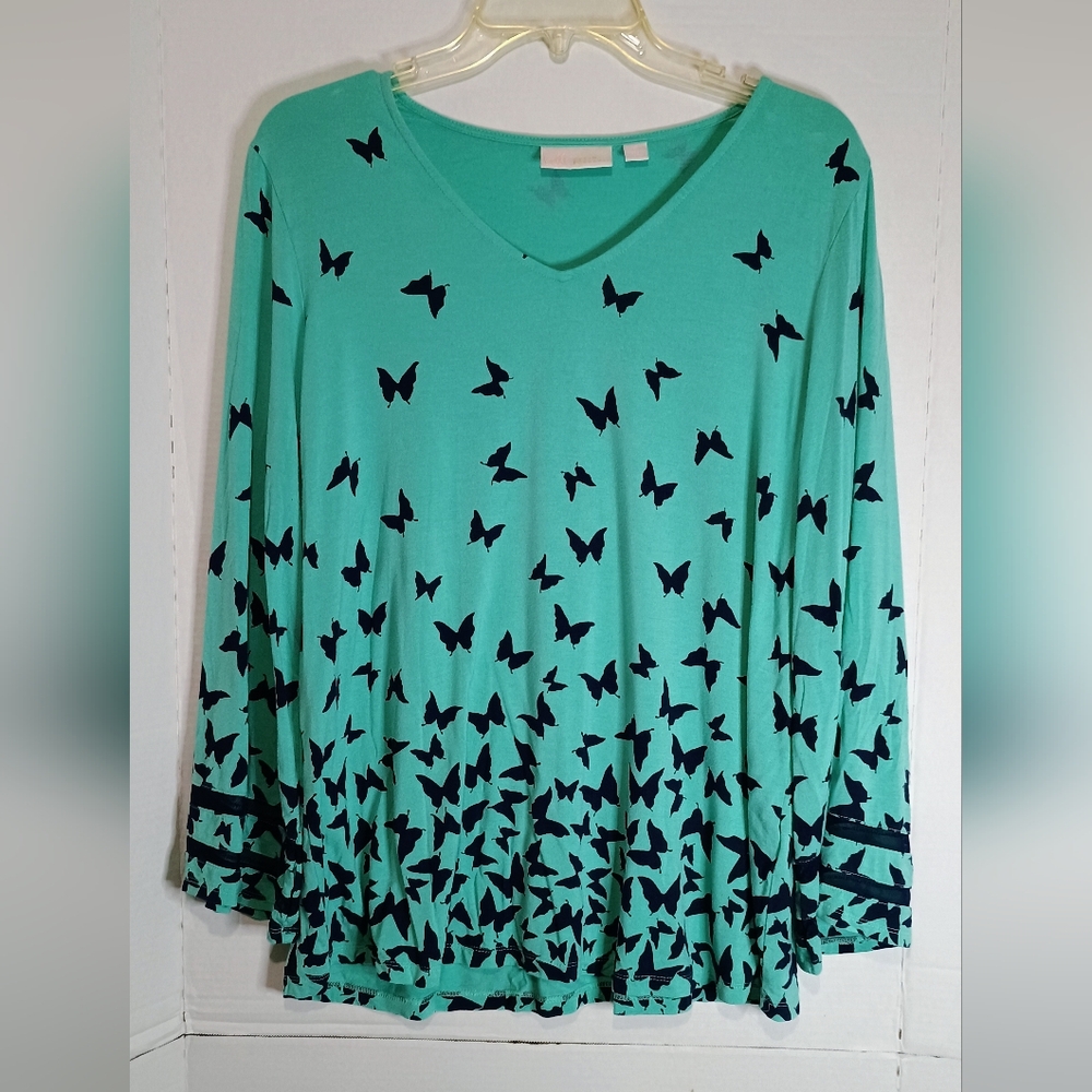 Bella Kim Gravel Butterfly Print V-Neck Top Size Medium